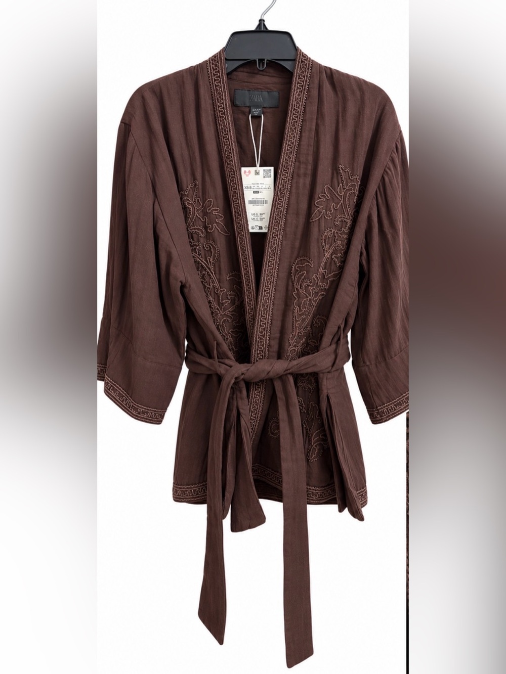 Zara Brown Embroidered Kimono-Style Robe
